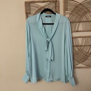 Emanuel Ungaro Ella Tie-Neck Silk Top Blouse Blue Quiet Luxury $545 Sz XXL B22